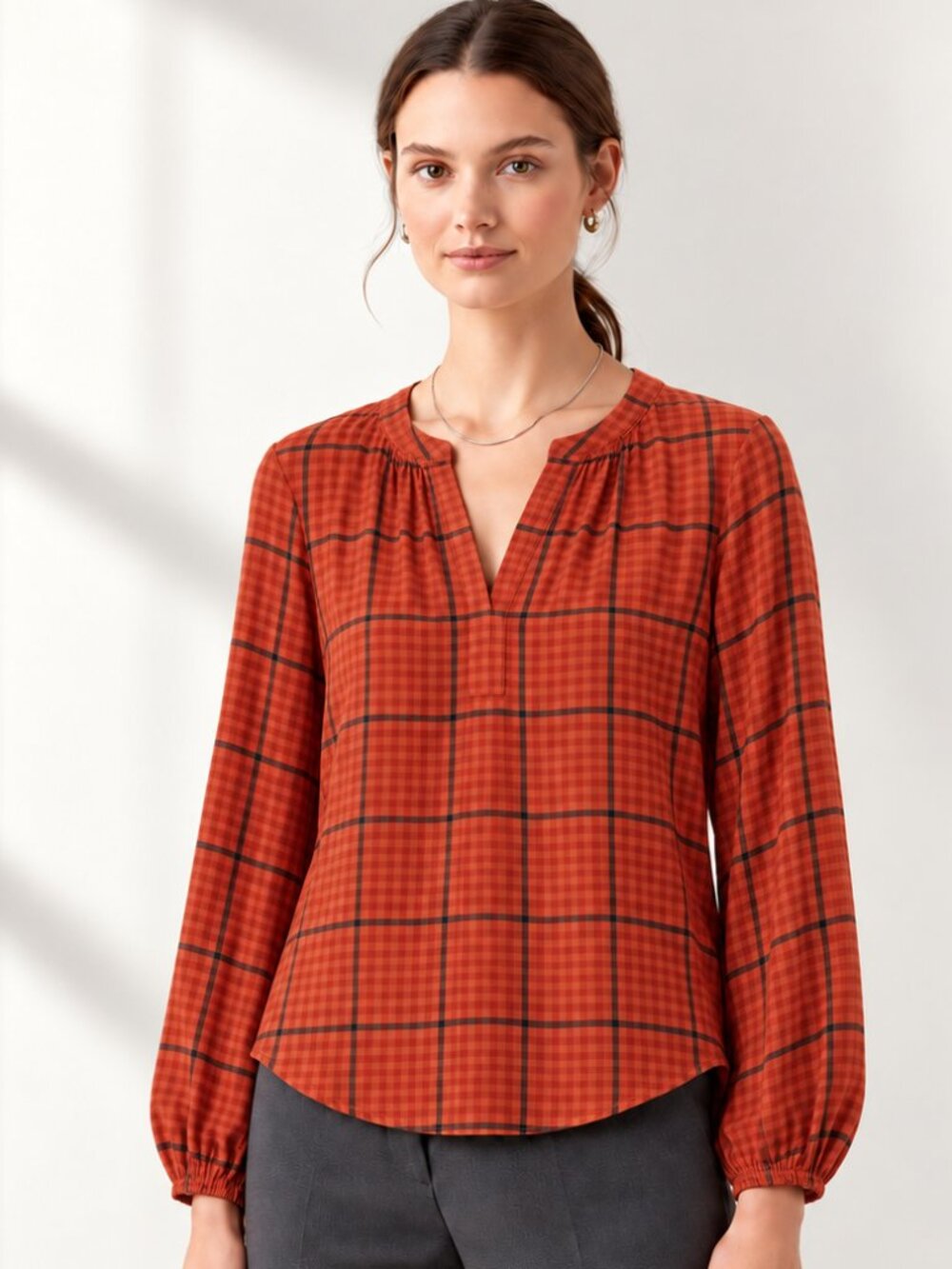 LOFT Auburn Herringbone Plaid V Neck Blouse High Low Hem Medium NWT